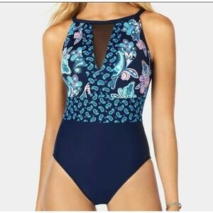 Swim Solutions High Neck Mesh One Piece Swimsuit Size 10